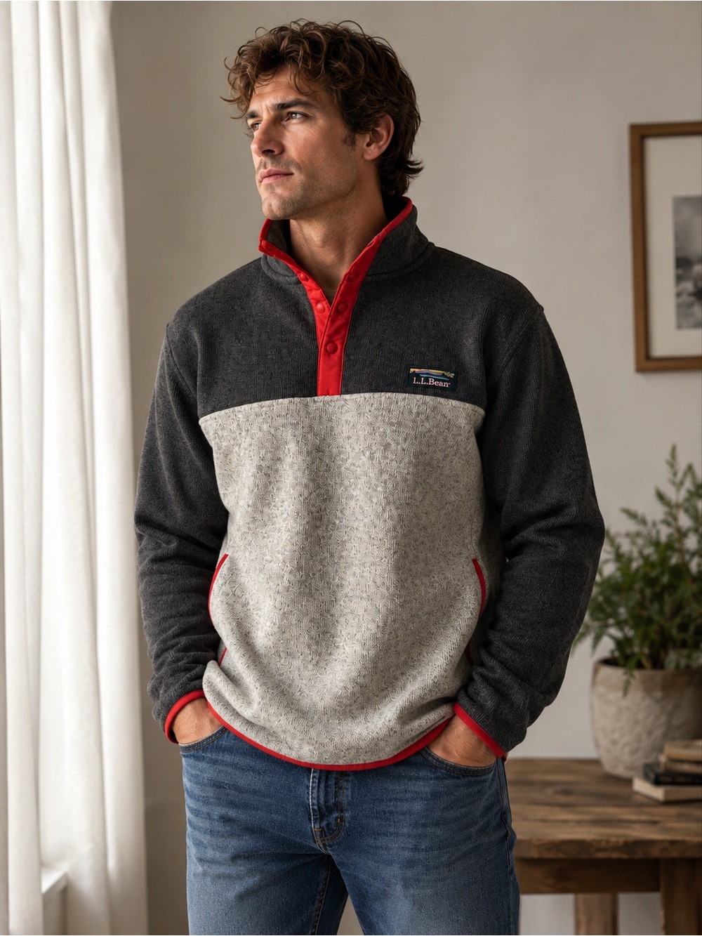 L.L. Bean Two-Tone Fleece Pullover in Charcoal, Heather Gray & Red Trim